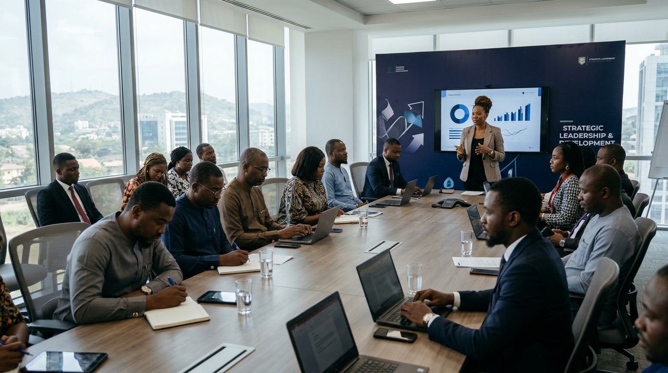 Corporate training session with staff on laptops in a boardroom