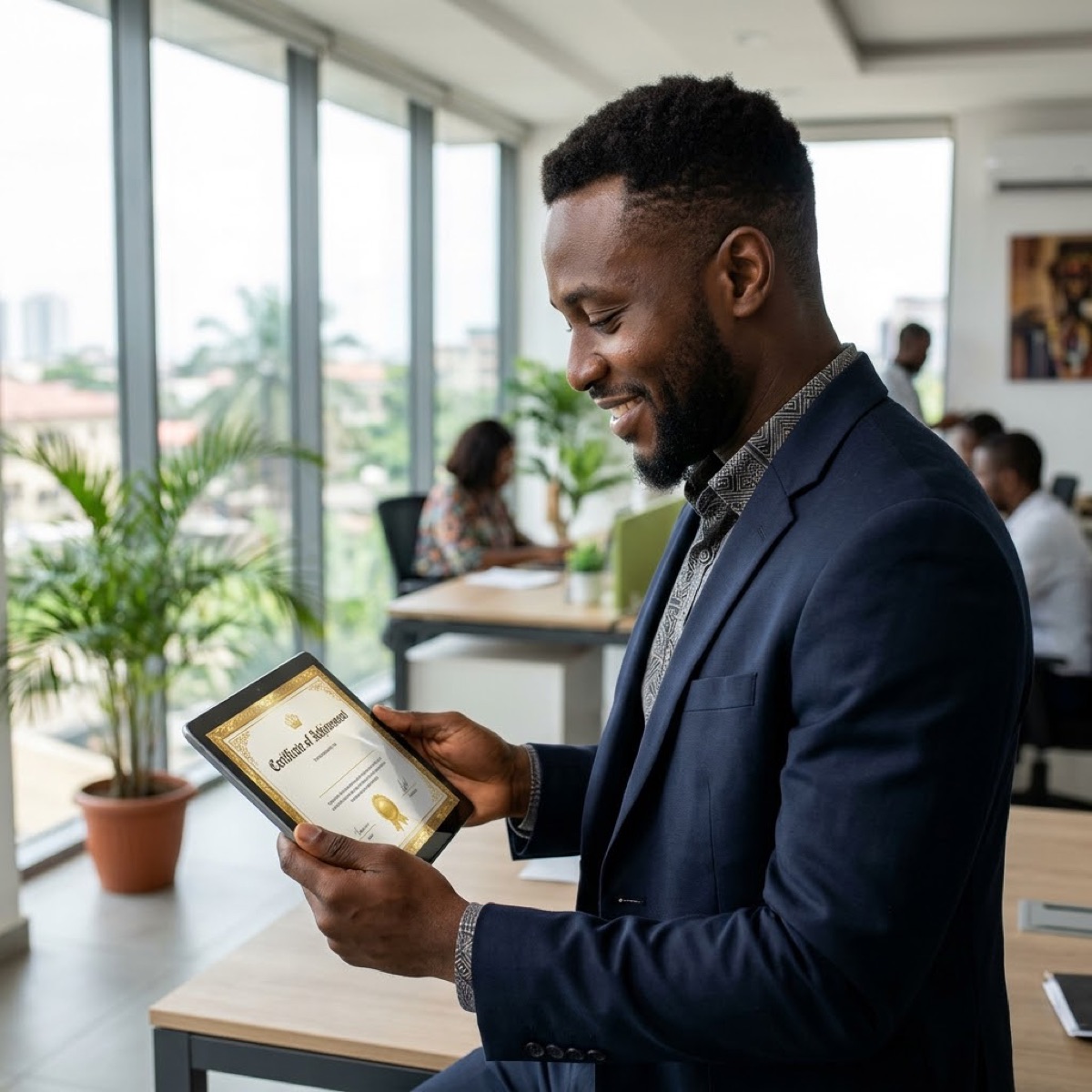 Professional viewing a digital certificate after passing an assessment