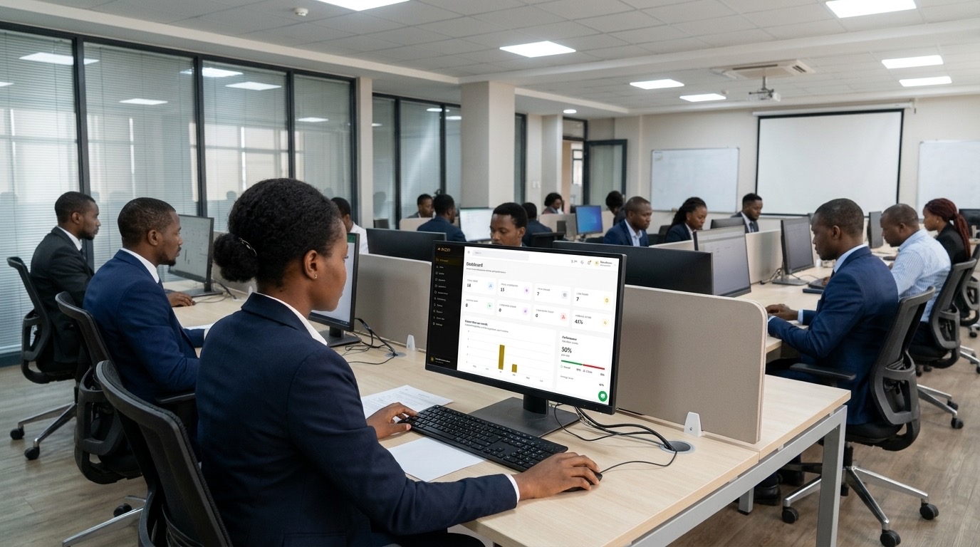 Professional using a learning dashboard at a workstation