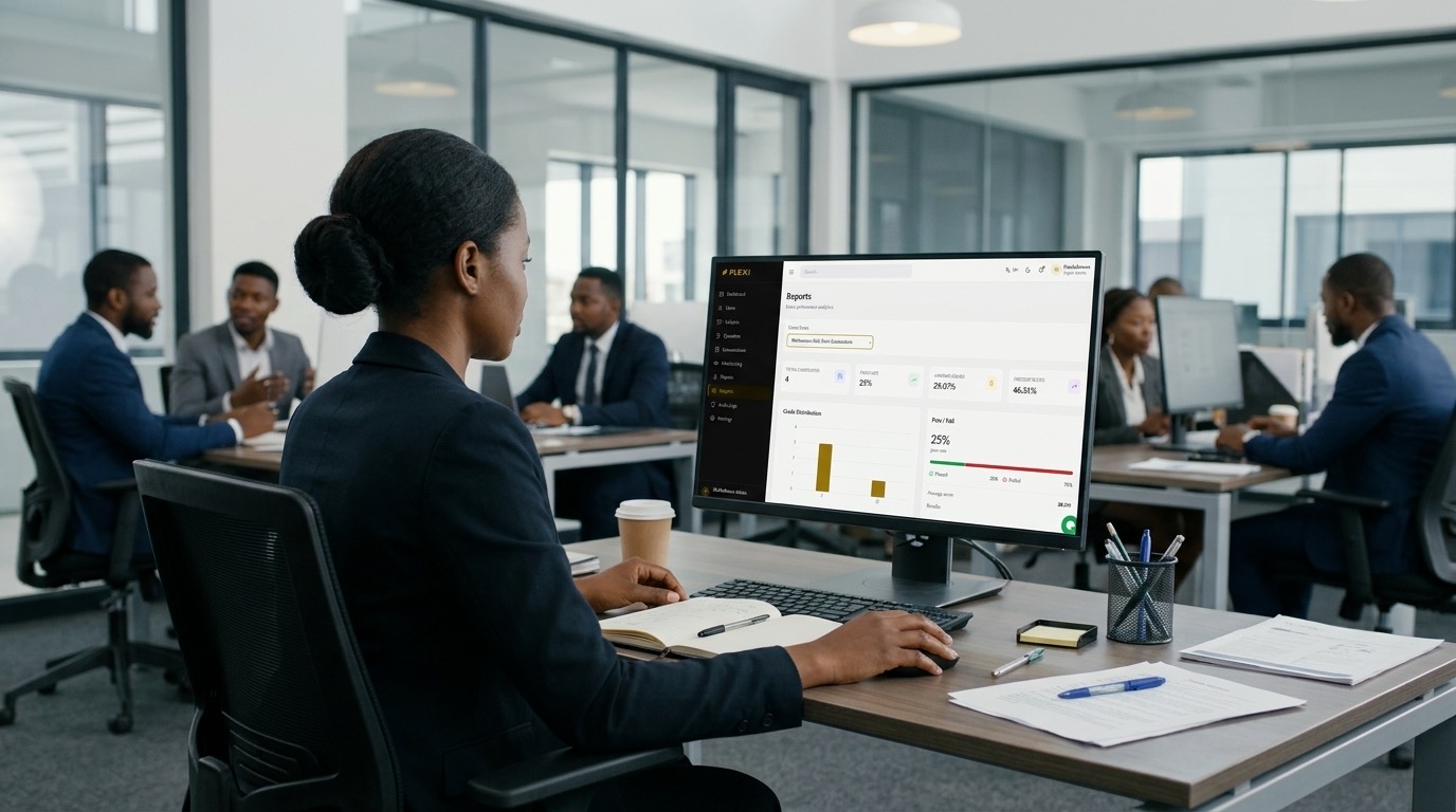 Manager reviewing learning progress and exam reports on a computer