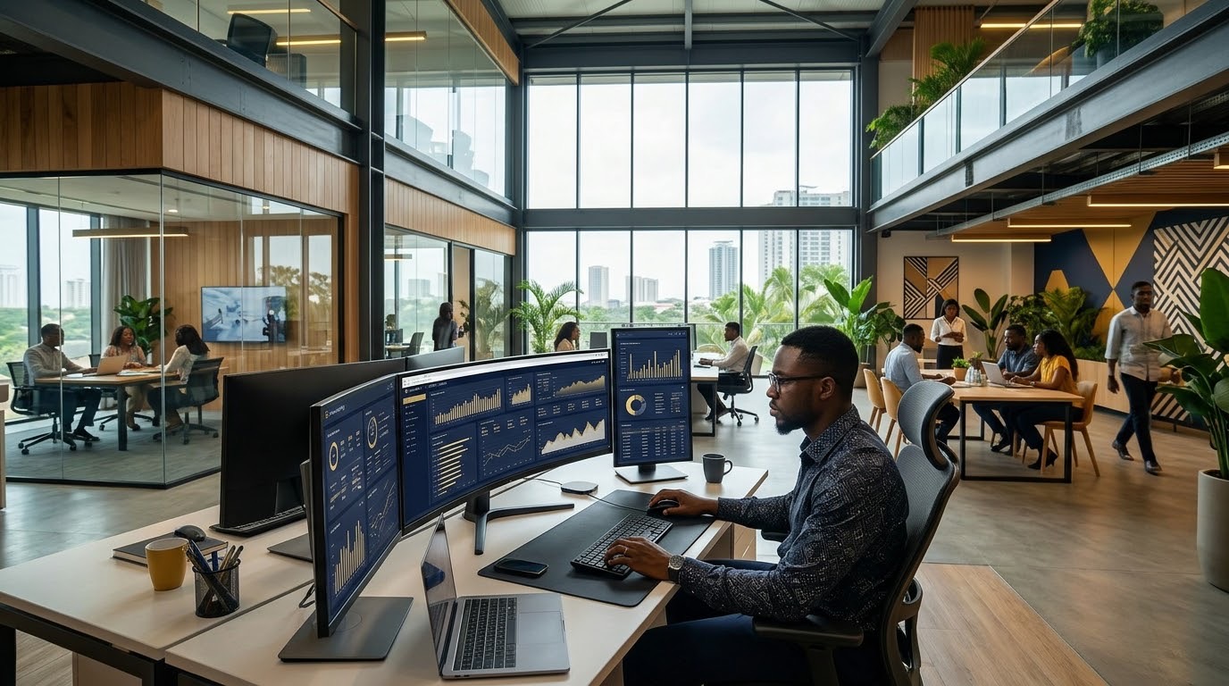 Professional reviewing an LMS analytics dashboard in a modern office
