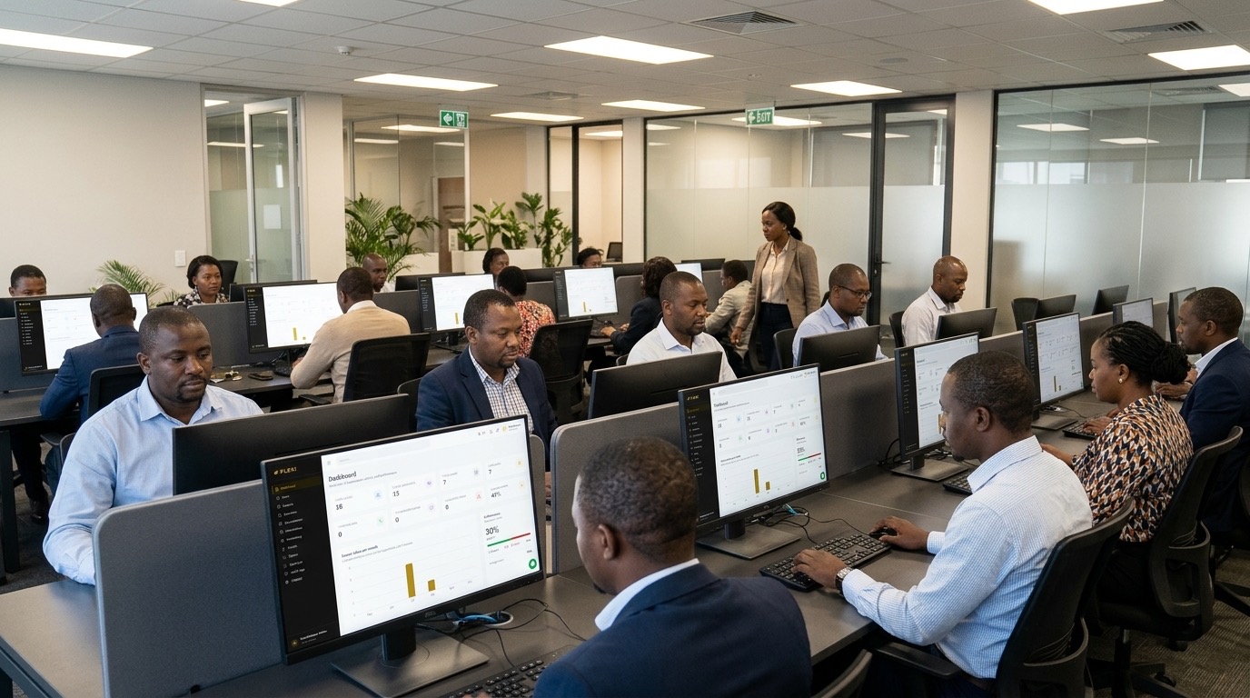 Corporate team taking a computer-based assessment in the office