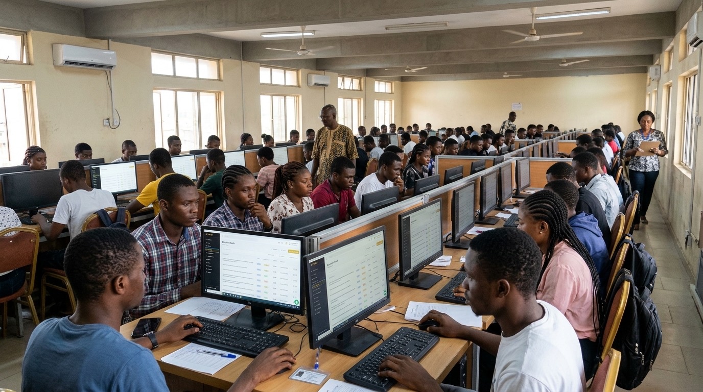 Polytechnic students writing a CBT examination on desktop computers
