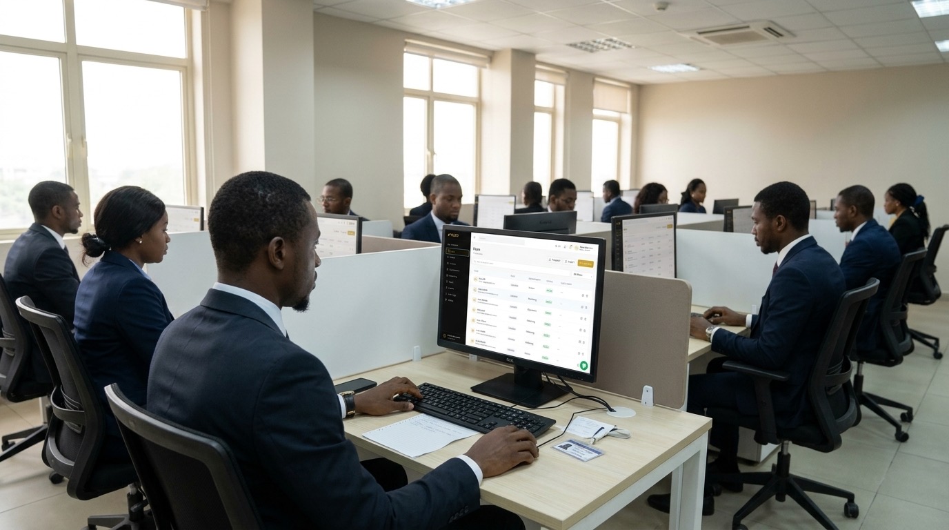 Professionals sitting a certification exam on desktop computers