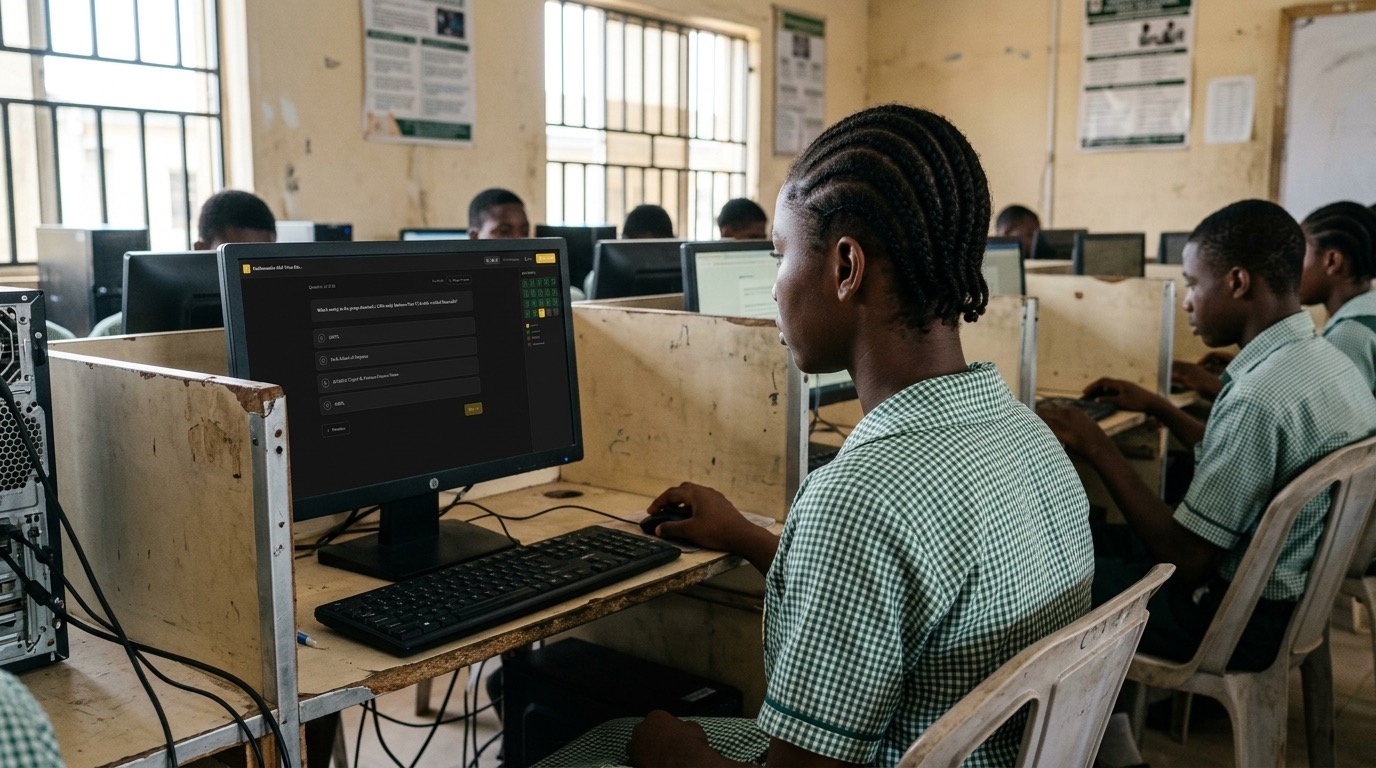 Secondary school student taking a CBT exam in a school computer lab