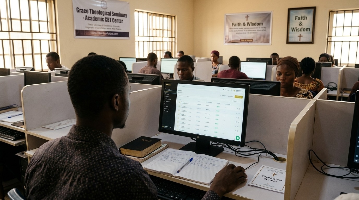 Seminary students taking an examination at a theological seminary CBT centre