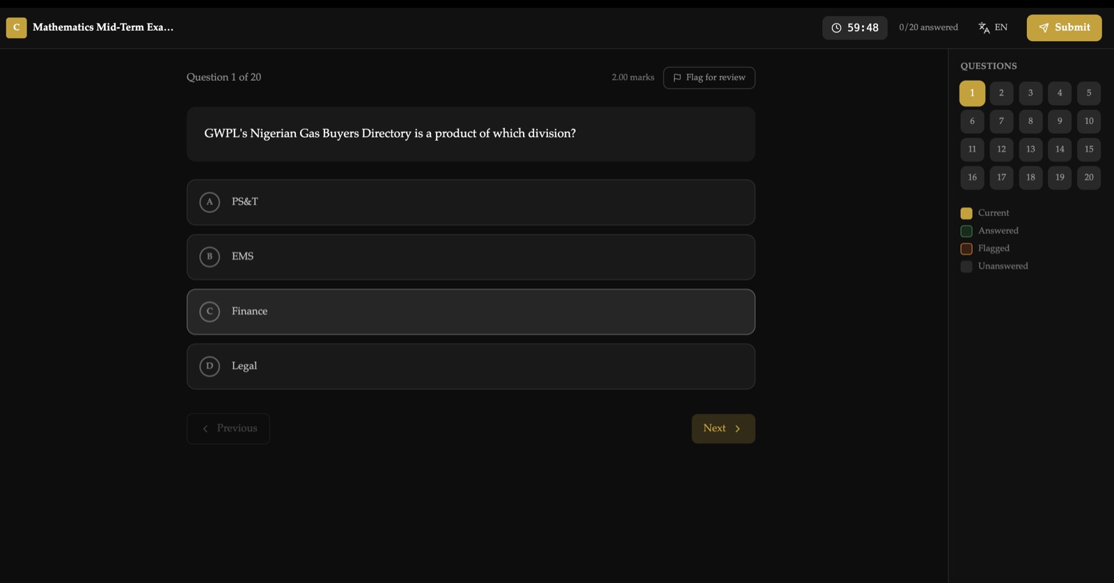 Candidate exam screen